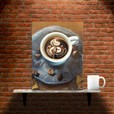 Painterly Coffee - Canvas - Main image where the product is placed on a shelf against a brick wall, next to a mug - Cafetitude Wall Art